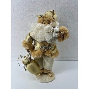 Vintage Kmart Santa Clause Figurine Gold & White Ornate with Bag‎ and Gifts 14"